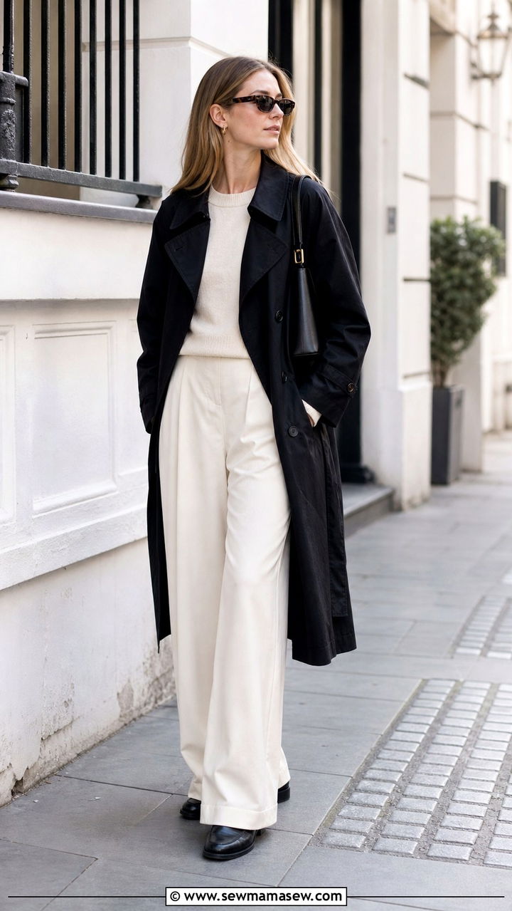 Black Trench Coat and Cream Trousers Spring 2026 - 40 spring outfits 2026