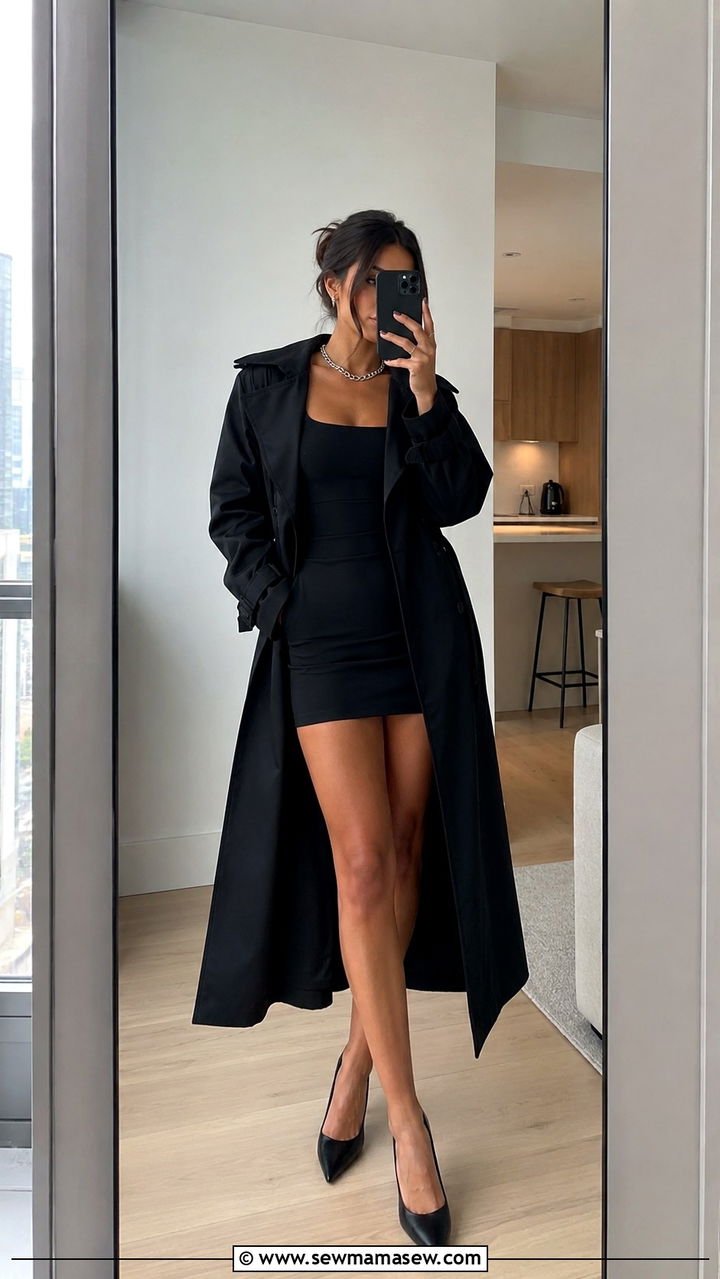 Black Trench Coat and Little Black Dress Outfit - 30 Long trench coat outfit ideas with a dress