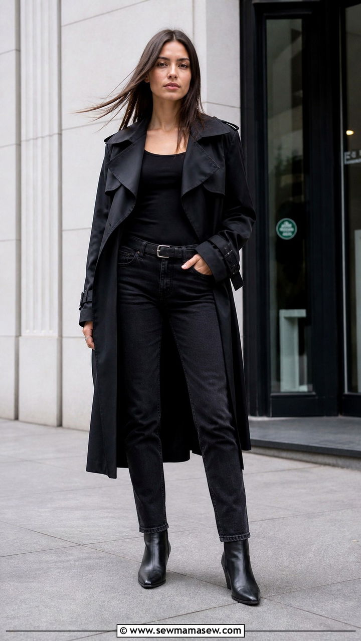 Black Trench Coat with All Black Casual Layers - 40 casual trench coat outfits