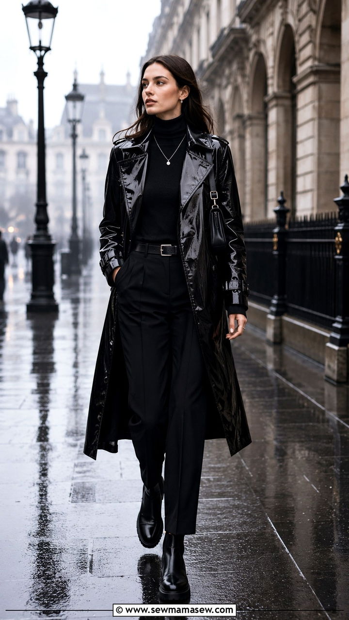 Black Trench Coat with All Black Ensemble and Chelsea Boots - 30 classy rainy day outfits