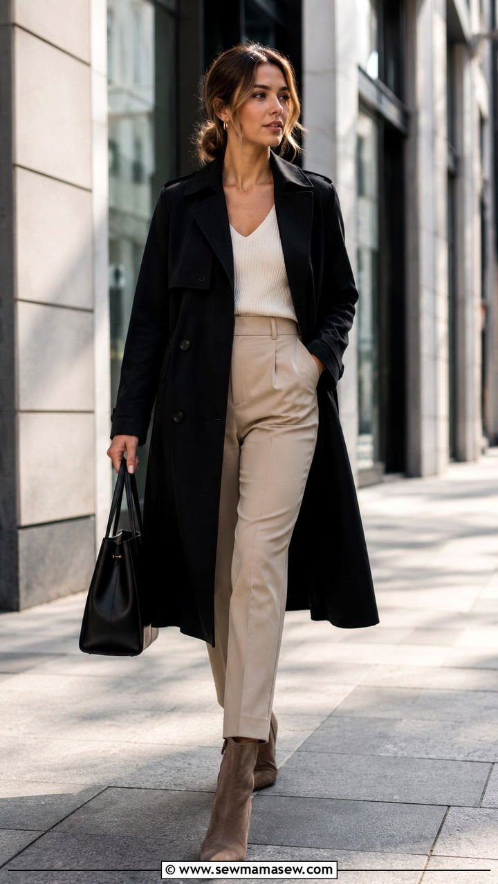 Black Trench Coat with Beige Trousers and Suede Ankle Boots - 25 Black trench coat outfit ideas with boots