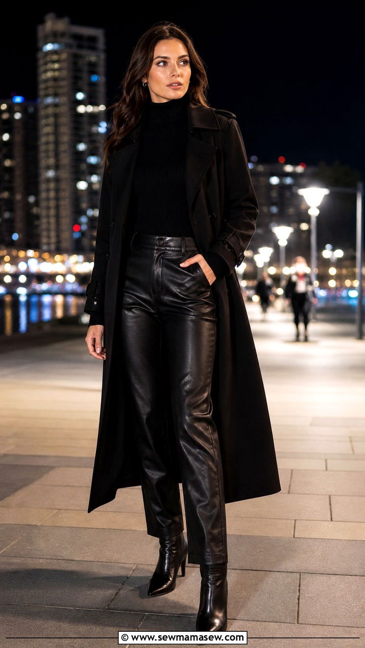Black Trench Coat with Black Mock Neck Sweater and Leather Pants - 25 Black trench coat outfit ideas with a sweater