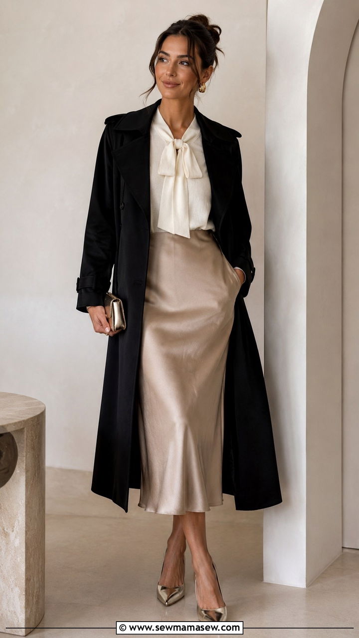 Black Trench Coat with Bow Neck Sweater and Satin Midi Skirt - 25 Black trench coat outfit ideas with a sweater