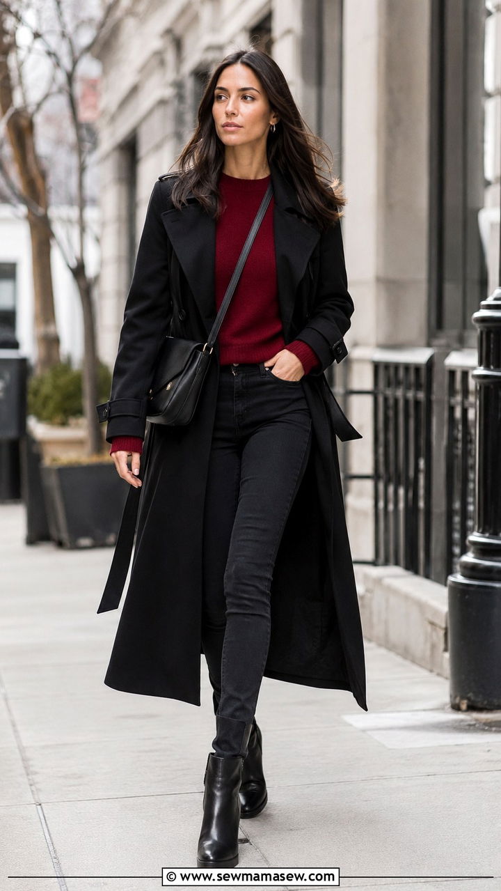 Black Trench Coat with Bright Colored Sweater and Ankle Boots - 30 Long trench coat outfit ideas with a sweater
