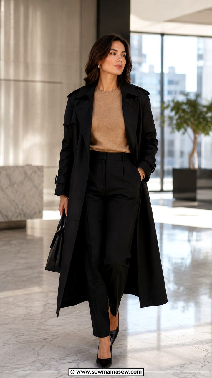 Black Trench Coat with Camel Cashmere Sweater and Tailored Trousers - 25 Black trench coat outfit ideas with a sweater