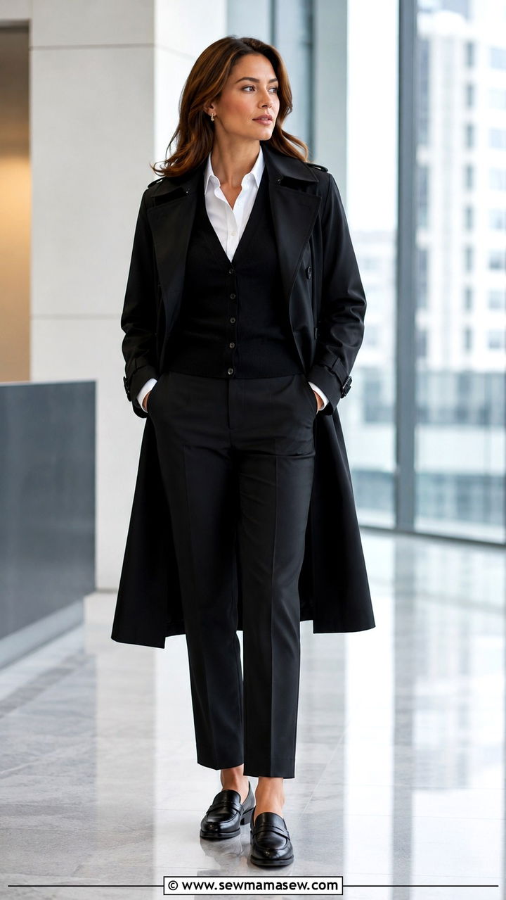 Black Trench Coat with Cardigan and White Button Down Shirt - 25 Black trench coat outfit ideas with a sweater