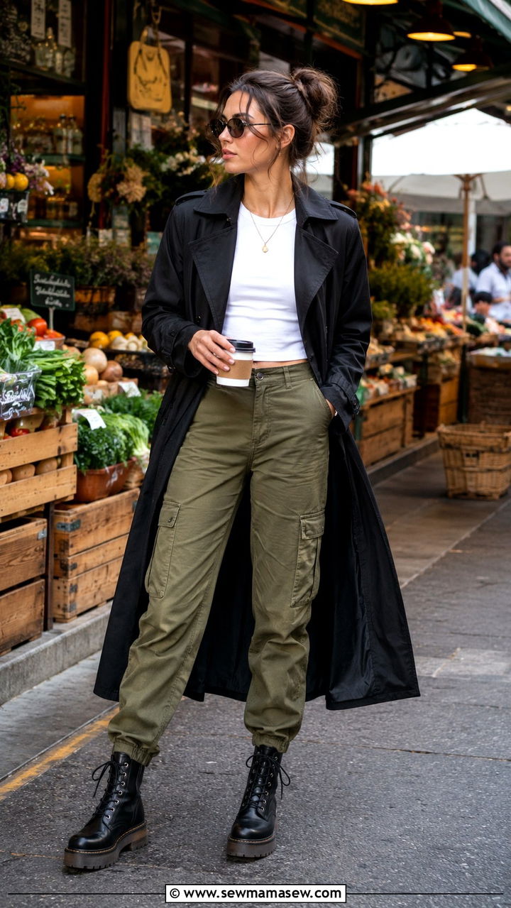 Black Trench Coat with Cargo Pants and Chunky Boots - 25 Black trench coat outfit ideas with boots