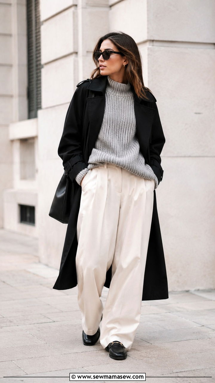 Black Trench Coat with Chunky Gray Knit and Wide Leg Trousers - 25 Black trench coat outfit ideas with a sweater