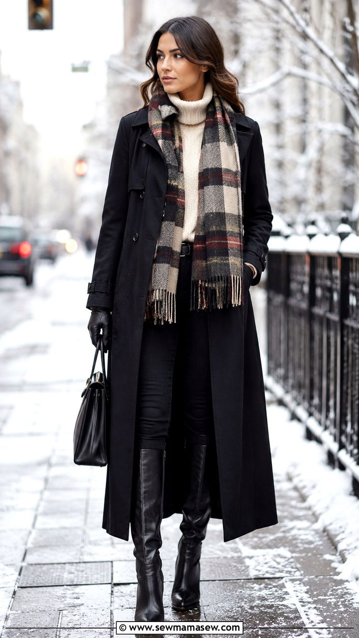 Black Trench Coat with Chunky Turtleneck and Wool Scarf - 30 Long trench coat outfit ideas with a sweater