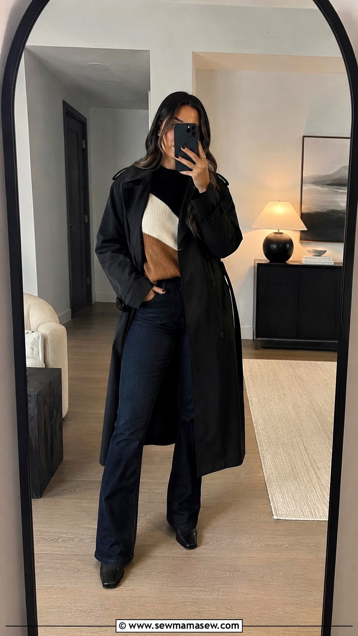 Black Trench Coat with Colorblock Sweater and Bootcut Jeans - 25 Black trench coat outfit ideas with a sweater