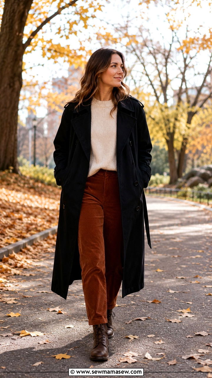Black Trench Coat with Corduroy Pants and Lace Up Boots - 25 Black trench coat outfit ideas with boots