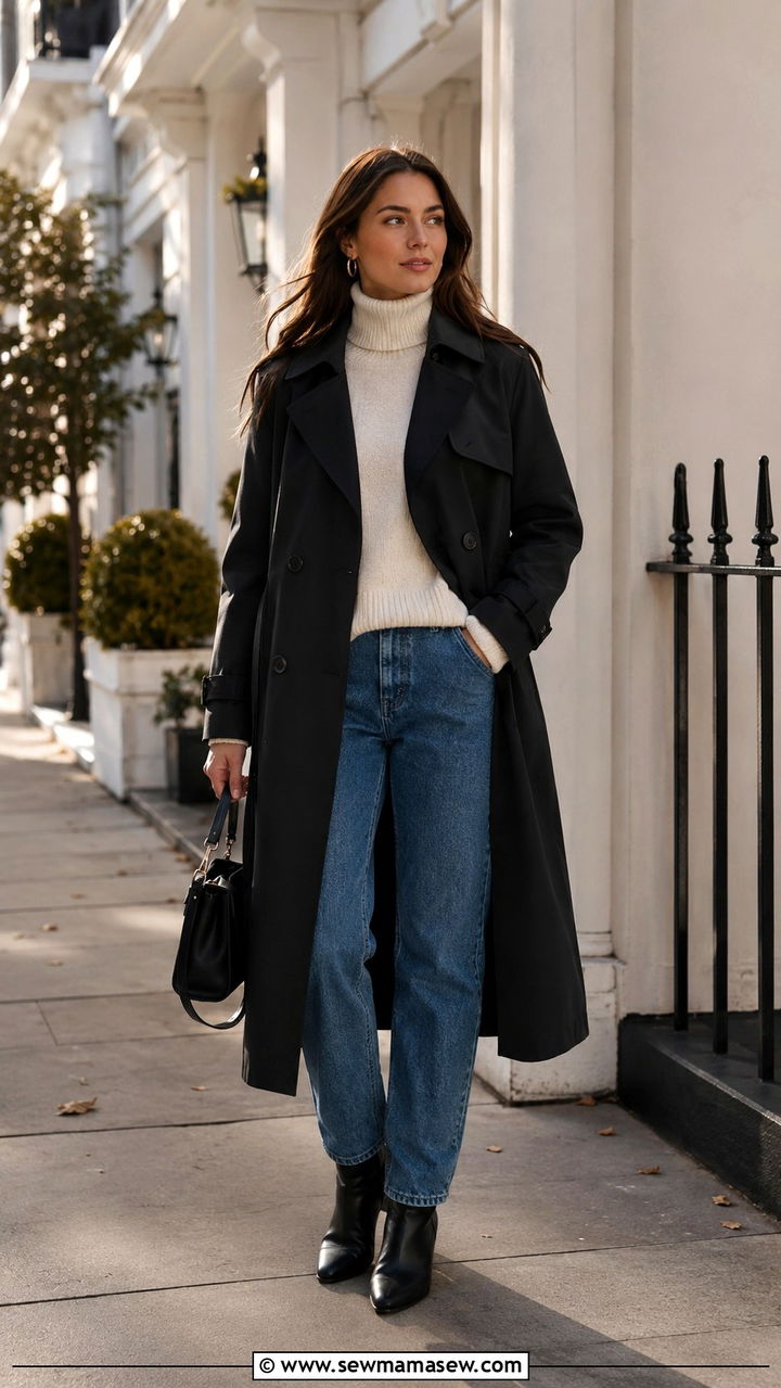 Black Trench Coat with Cream Turtleneck and Straight Leg Jeans - 25 Black trench coat outfit ideas with a sweater