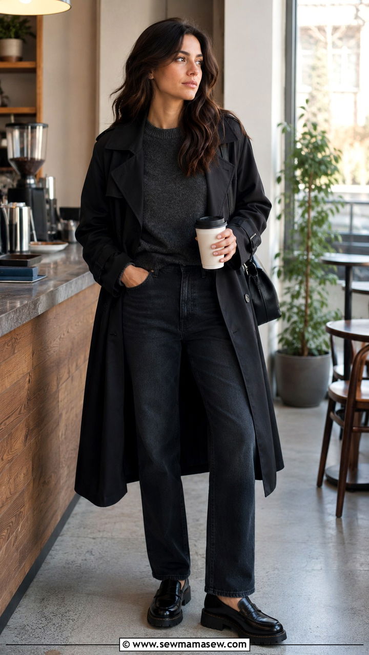 Black Trench Coat with Crew Neck Sweater and Dark Wash Jeans - 25 Black trench coat outfit ideas with a sweater