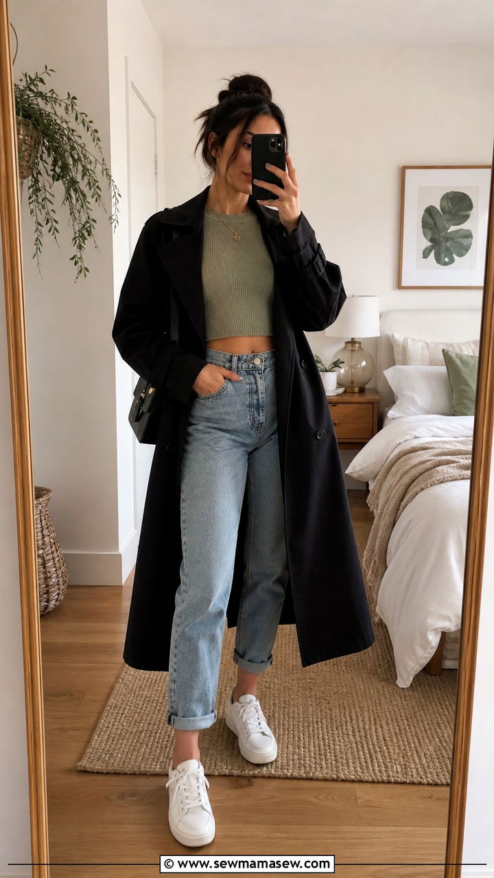 Black Trench Coat with Cropped Sweater and High Waist Mom Jeans - 25 Black trench coat outfit ideas with a sweater