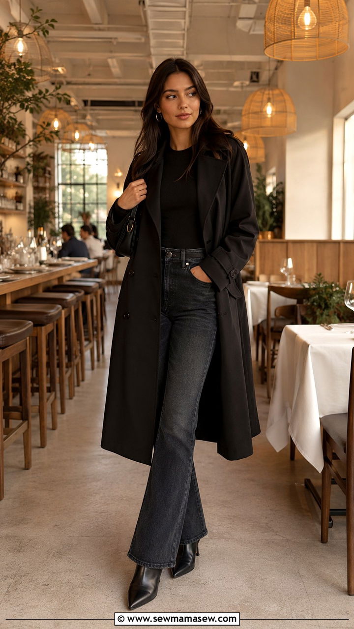 Black Trench Coat with Flared Jeans and Heeled Boots - 25 Black trench coat outfit ideas with boots