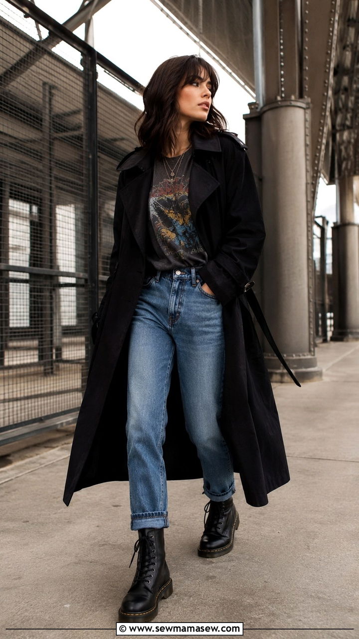 Black Trench Coat with Graphic Tee Jeans and Combat Boots - 25 Black trench coat outfit ideas with boots