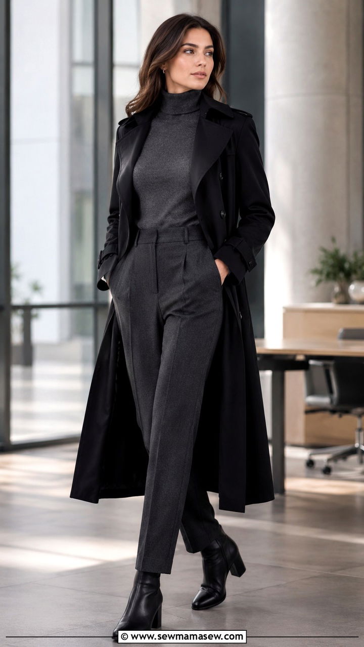 Black Trench Coat with Gray Turtleneck and Charcoal Wool Trousers - 25 Black trench coat outfit ideas with a sweater