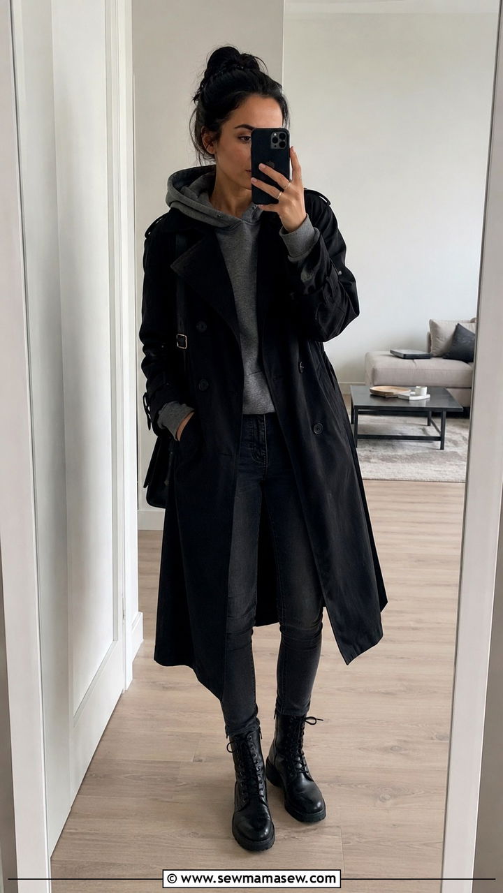 Black Trench Coat with Hoodie and Combat Boots - 25 Black trench coat outfit ideas with boots