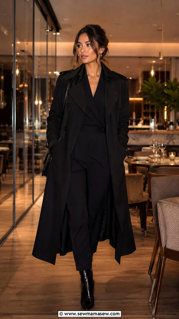Black Trench Coat with Jumpsuit and Heeled Boots - 25 Black trench coat outfit ideas with boots