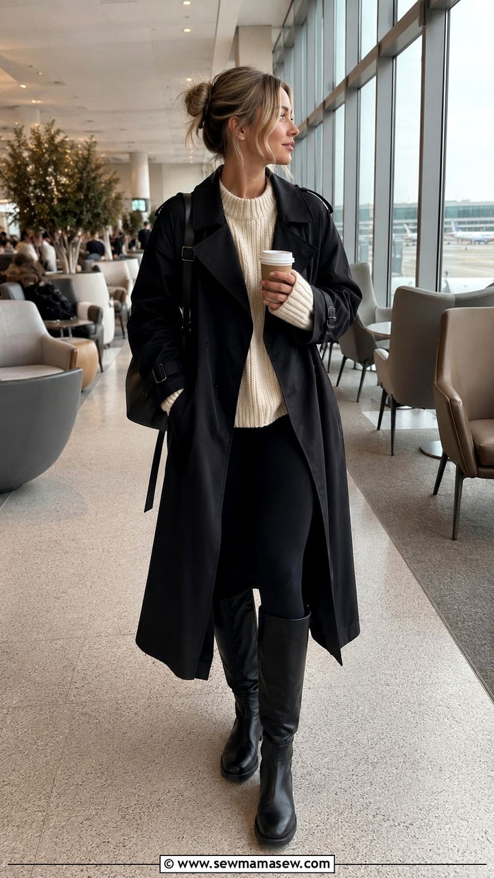 Black Trench Coat with Leggings and Knee High Boots - 25 Black trench coat outfit ideas with boots