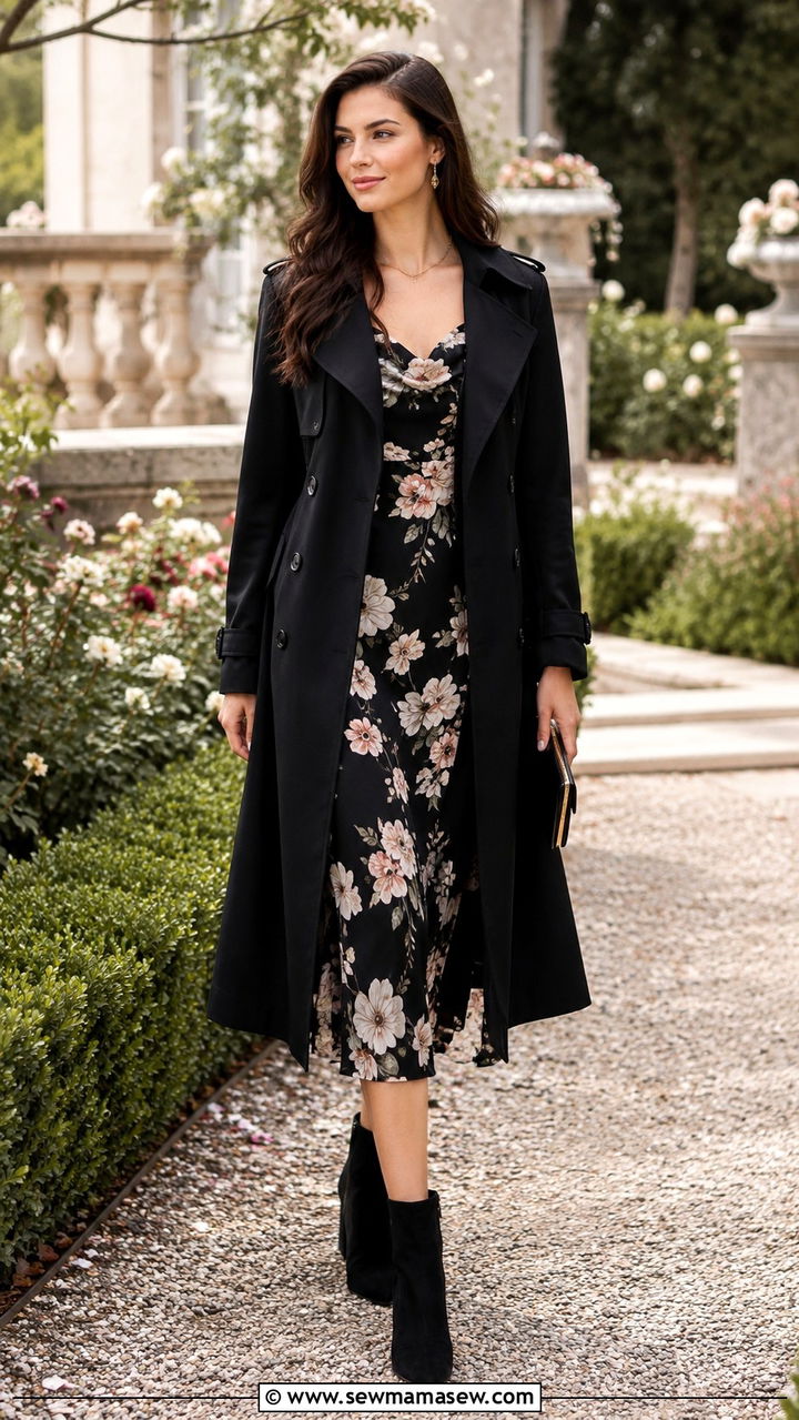 Black Trench Coat with Midi Dress and Ankle Boots - 25 Black trench coat outfit ideas with boots