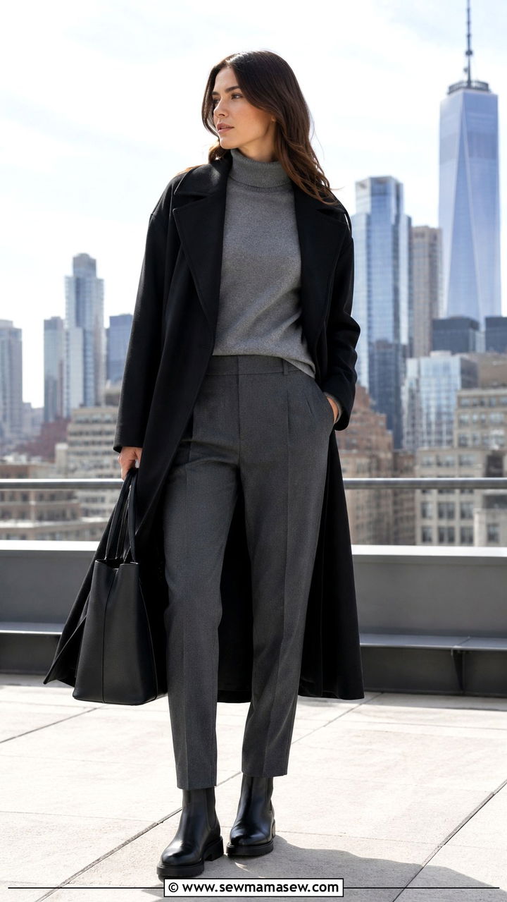 Black Trench Coat with Monochrome Grey Sweater and Trousers - 30 Long trench coat outfit ideas with a sweater
