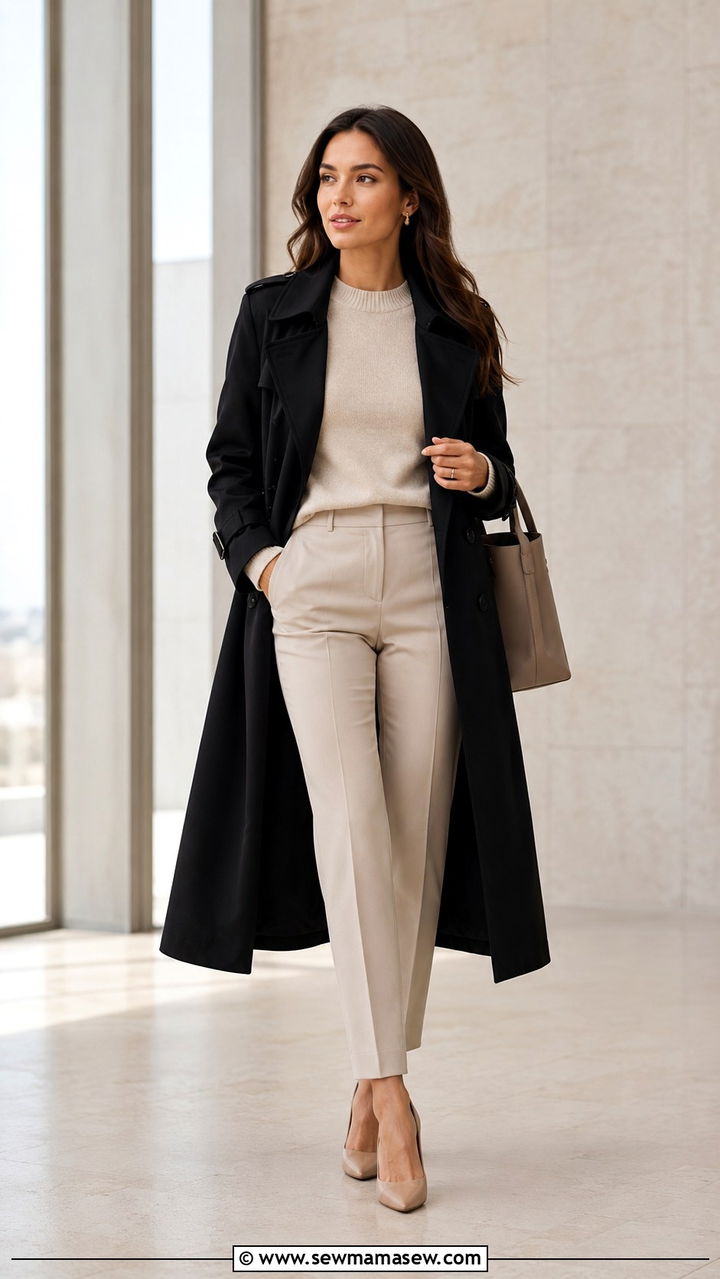 Black Trench Coat with Neutral Sweater and Monochrome Beige Separates - 25 Black trench coat outfit ideas with a sweater