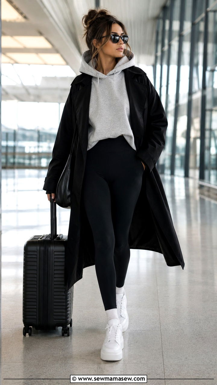 Black Trench Coat with Oversized Hoodie and Leggings - 25 Black trench coat outfit ideas with a sweater