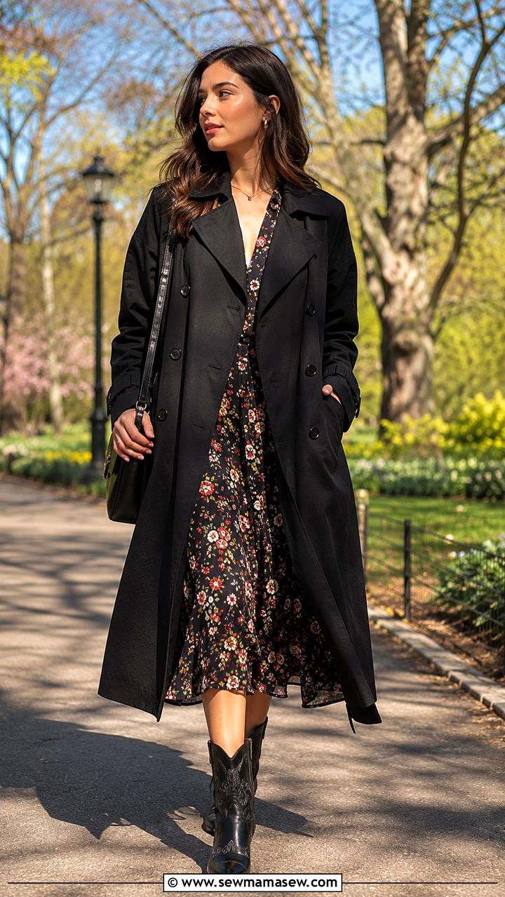 Black Trench Coat with Printed Dress and Western Boots - 25 Black trench coat outfit ideas with boots