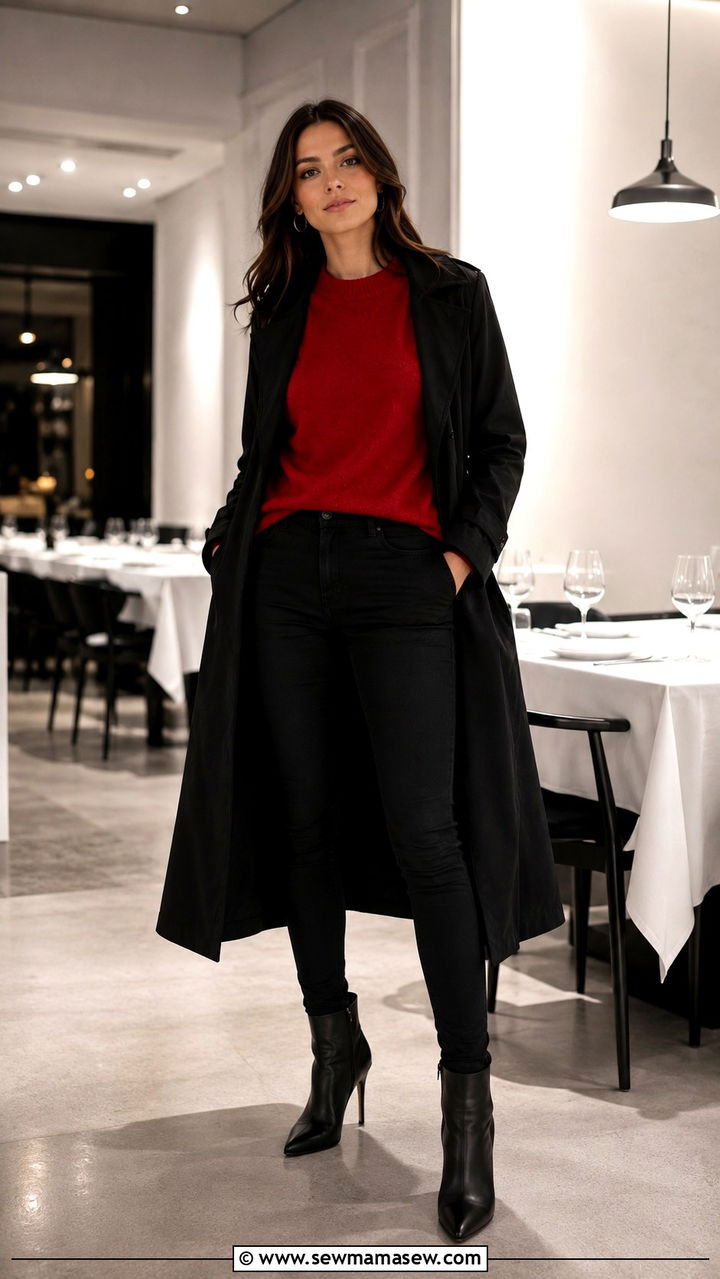 Black Trench Coat with Red Sweater and Black Skinny Jeans - 25 Black trench coat outfit ideas with a sweater
