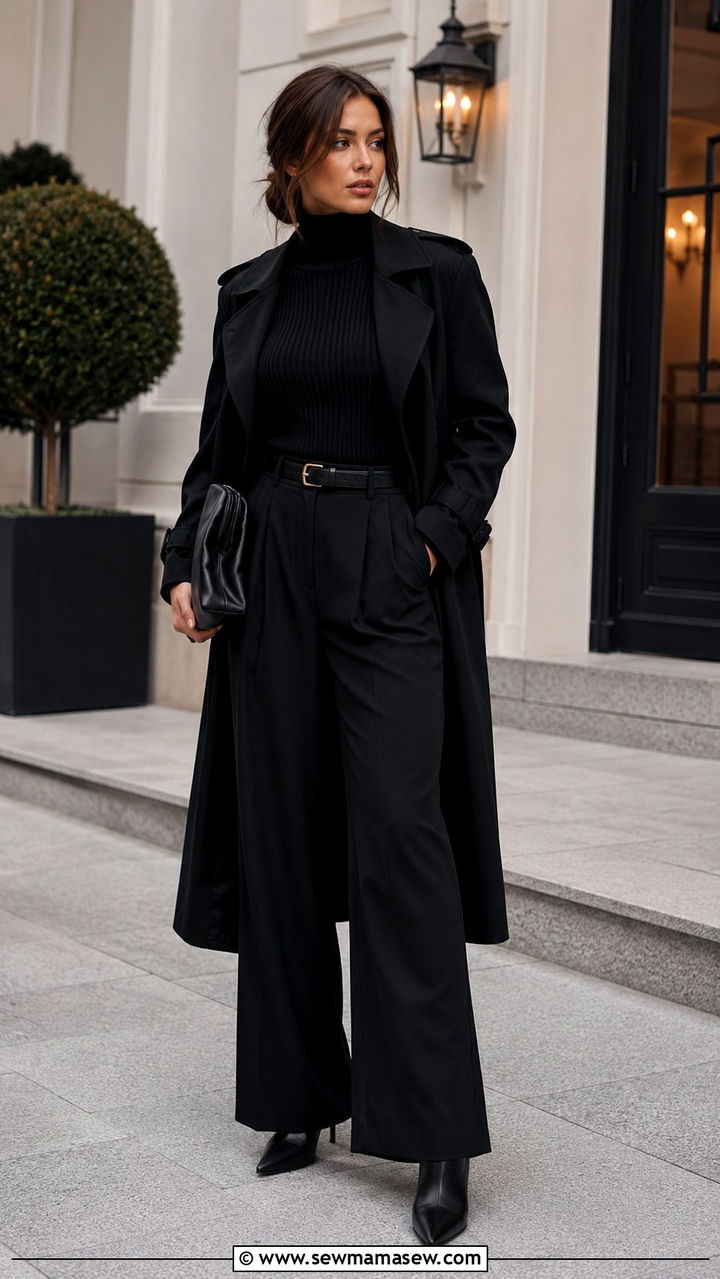 Black Trench Coat with Ribbed Turtleneck and Black Wide Leg Pants - 25 Black trench coat outfit ideas with a sweater
