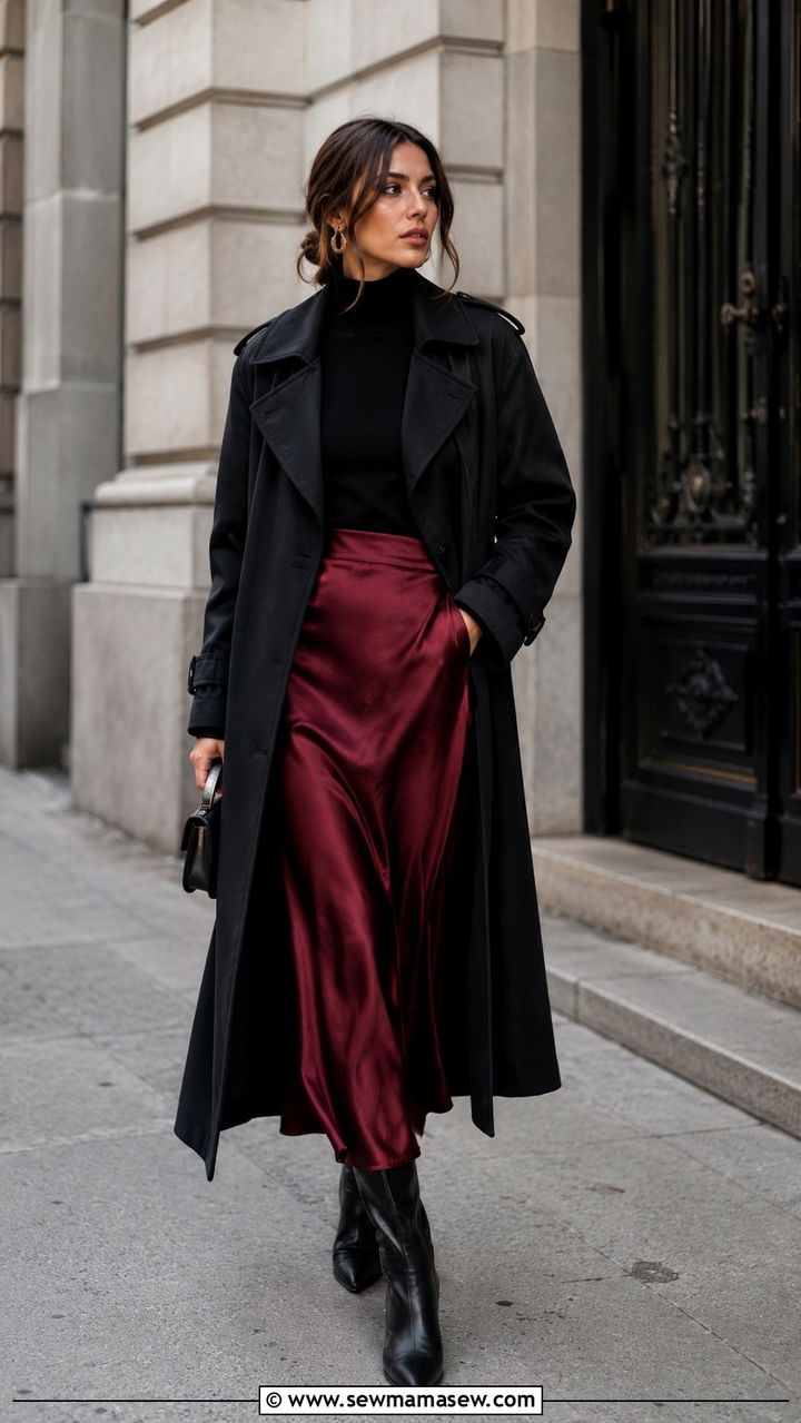 Black Trench Coat with Satin Midi Skirt and Pointed Boots - 25 Black trench coat outfit ideas with boots