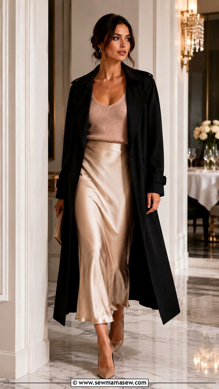 Black Trench Coat with Scoop Neck Sweater and Satin Slip Skirt - 25 Black trench coat outfit ideas with a sweater