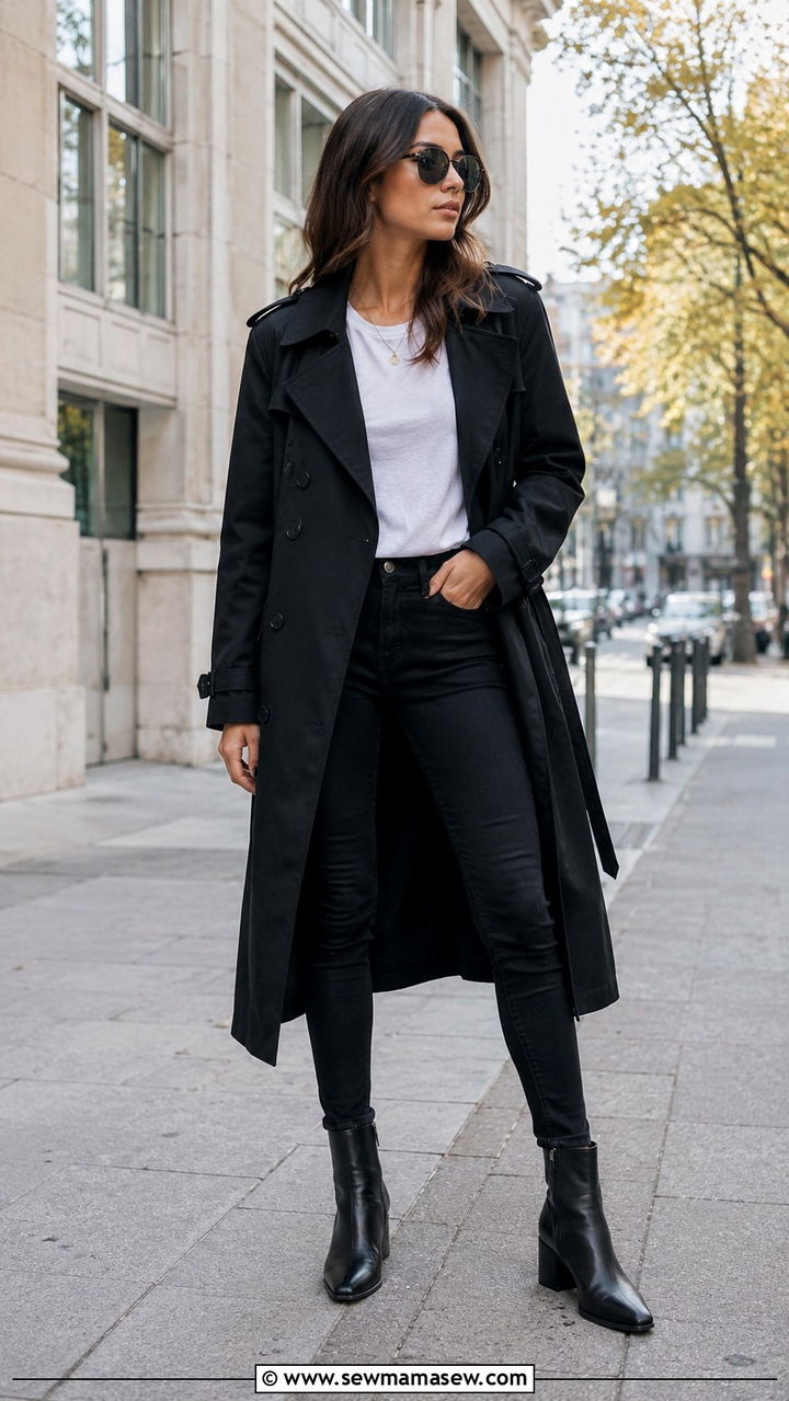 Black Trench Coat with Skinny Jeans and Ankle Boots - 25 Black trench coat outfit ideas with boots