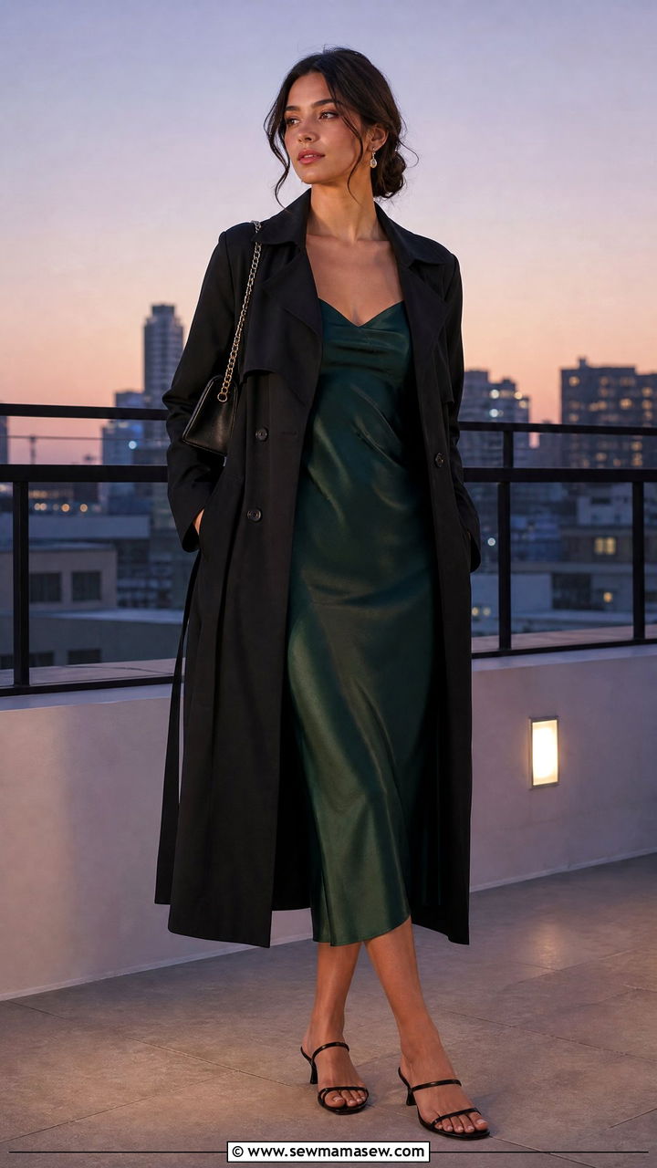 Black Trench Coat with Slip Dress and Heels - 30 Summer outfits with trench coats