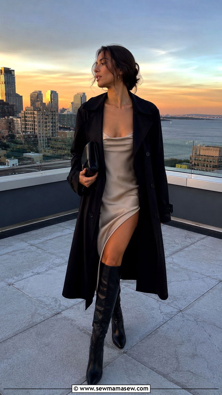 Black Trench Coat with Slip Dress and Knee High Boots - 25 Black trench coat outfit ideas with boots