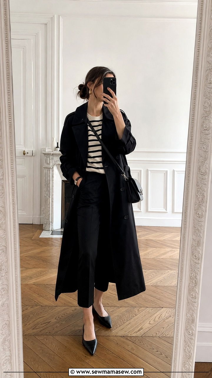 Black Trench Coat with Striped Sweater and Cropped Black Trousers - 25 Black trench coat outfit ideas with a sweater