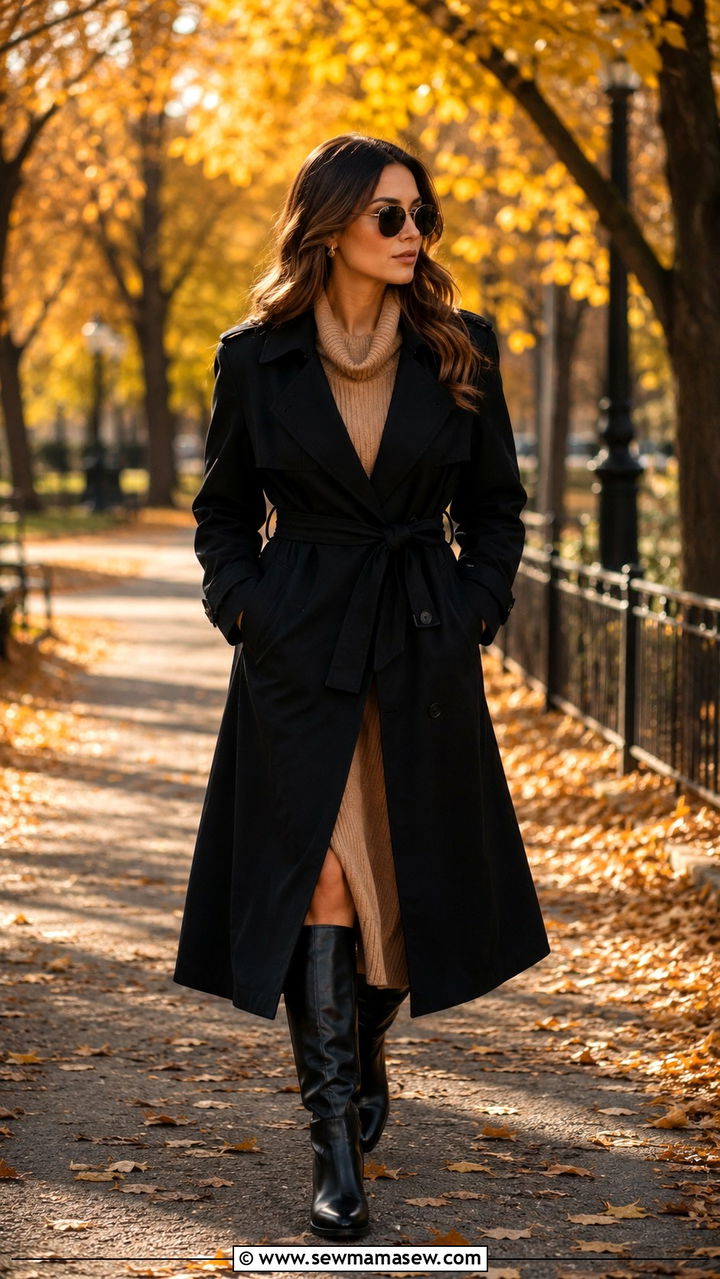 Black Trench Coat with Sweater Dress and Knee High Boots - 25 Black trench coat outfit ideas with boots