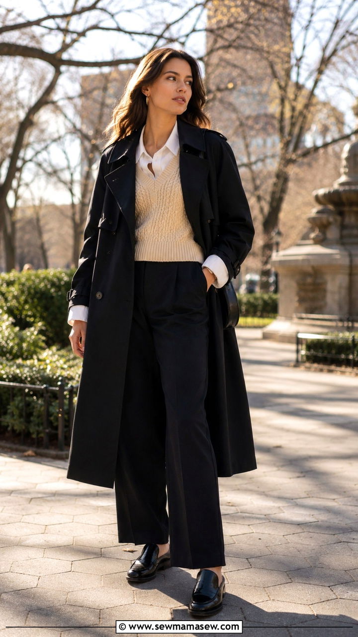 Black Trench Coat with Sweater Vest and White Blouse - 25 Black trench coat outfit ideas with a sweater