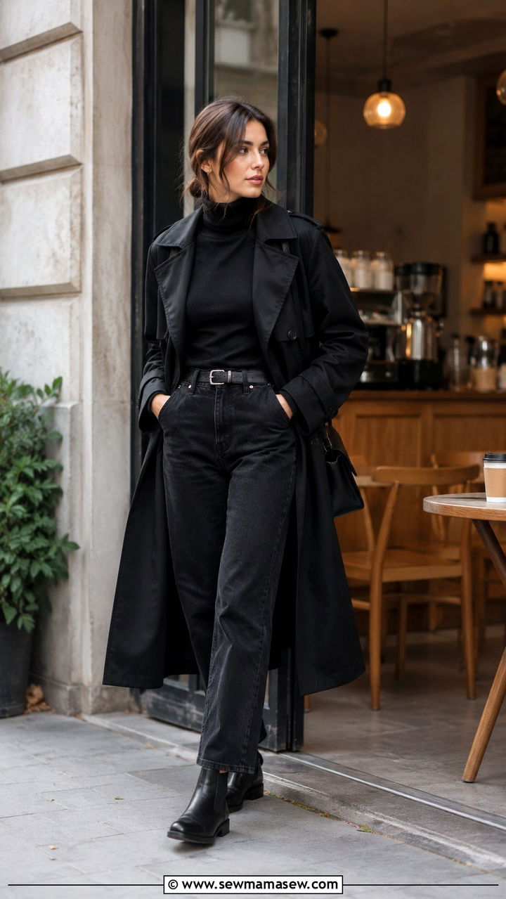 Black Trench Coat with Turtleneck and Chelsea Boots - 25 Black trench coat outfit ideas with boots