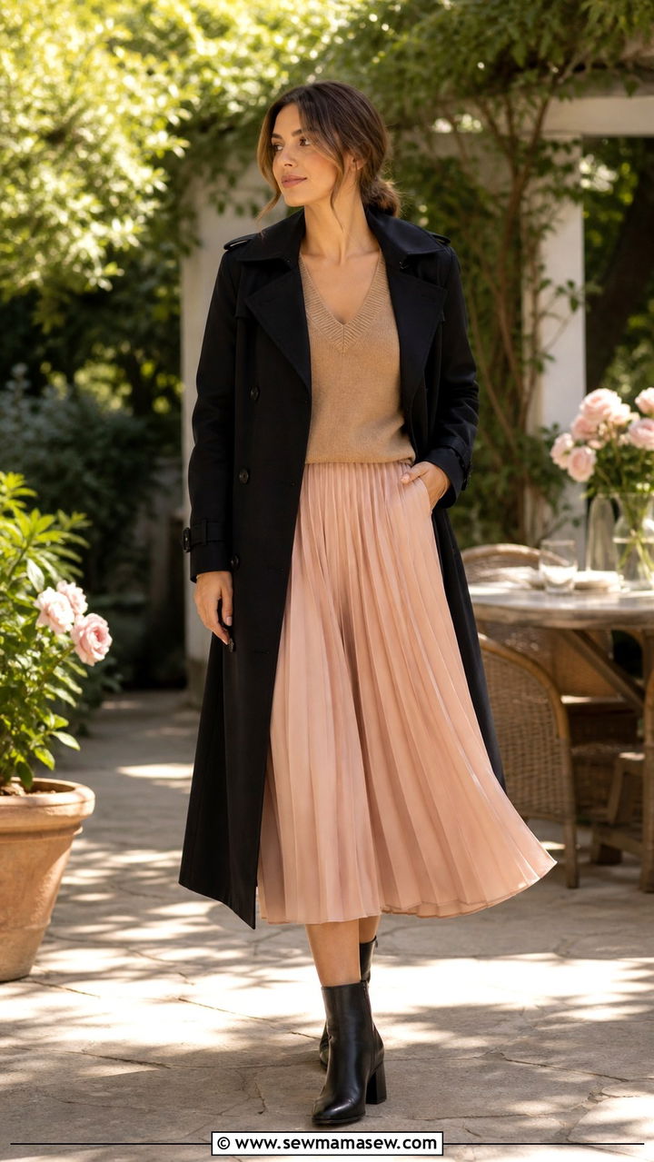 Black Trench Coat with V Neck Sweater and Pleated Midi Skirt - 25 Black trench coat outfit ideas with a sweater