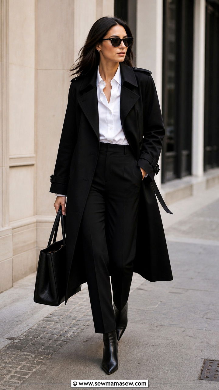 Black Trench Coat with White Button Down Shirt Outfit - 40 trench coat outfit ideas