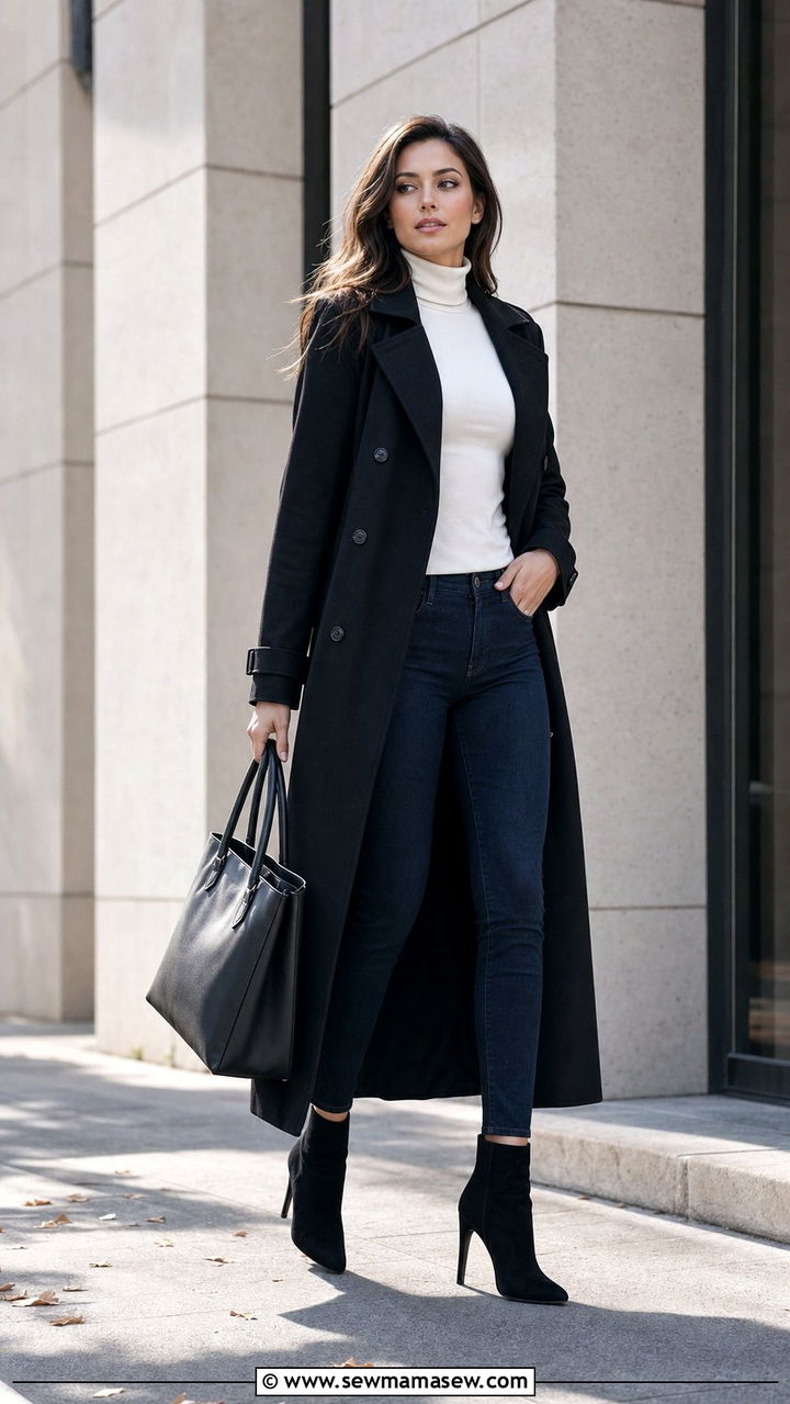 Black Trench Coat with White Turtleneck and Skinny Jeans - 25 Skinny jeans outfit ideas with a trench coat
