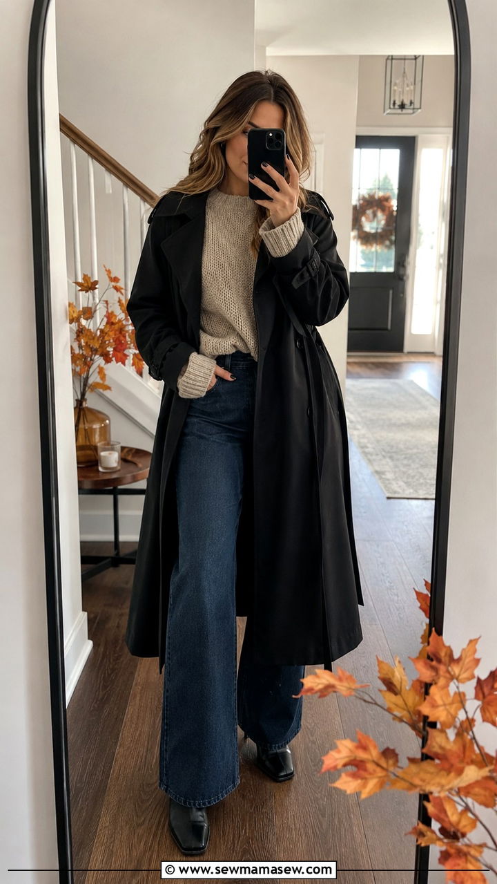 Black Trench Coat with Wide Leg Jeans and Knit Sweater - 25 Black trench coat outfit ideas with wide leg pants