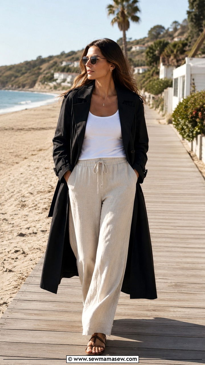 Black Trench Coat with Wide Leg Linen Pants - 25 Black trench coat outfit ideas with wide leg pants