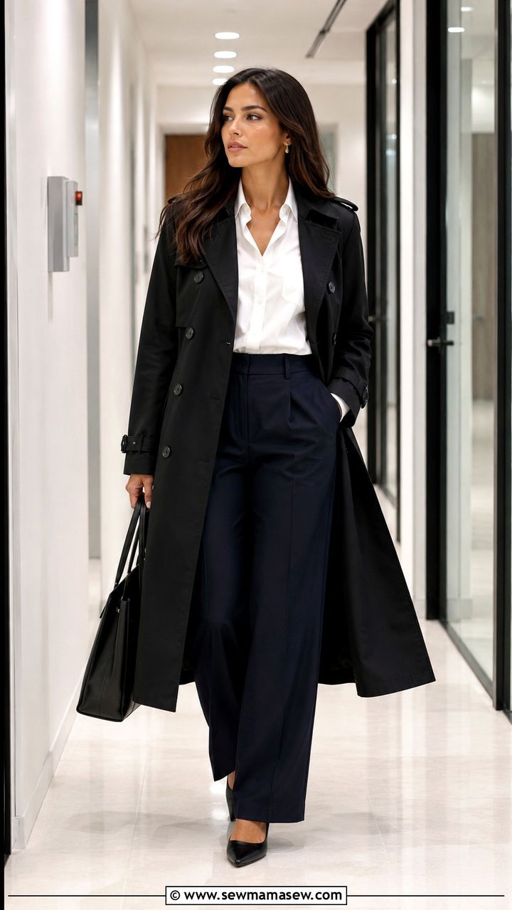 Black Trench Coat with Wide Leg Pants Office Outfit - 25 Black trench coat outfit ideas with wide leg pants