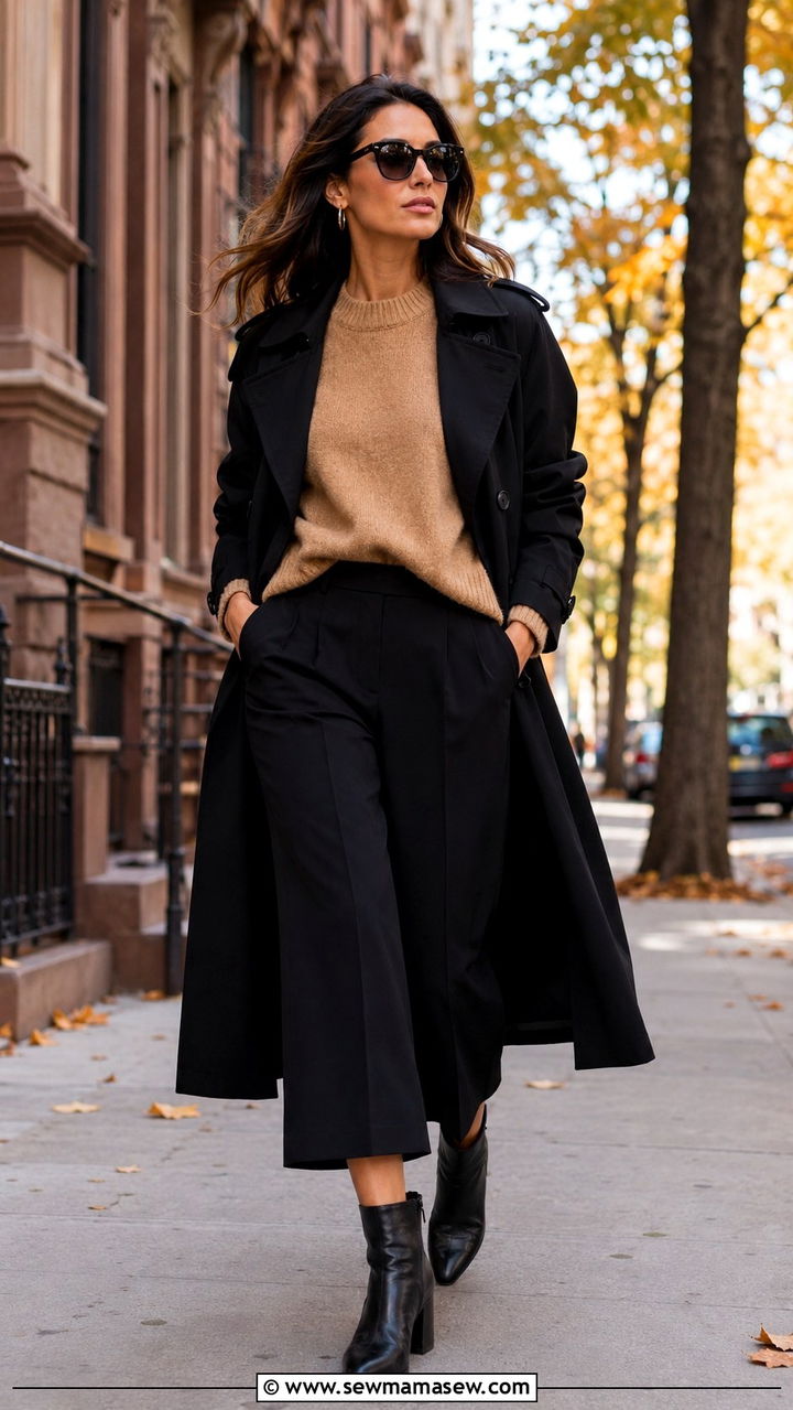 Black Trench Coat with Wide Leg Pants and Ankle Boots - 25 Black trench coat outfit ideas with wide leg pants