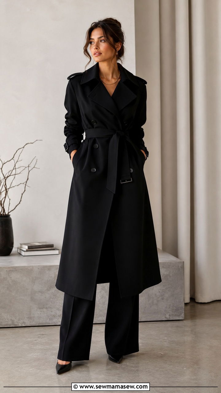 Black Trench Coat with Wide Leg Pants and Belted Waist - 25 Black trench coat outfit ideas with wide leg pants