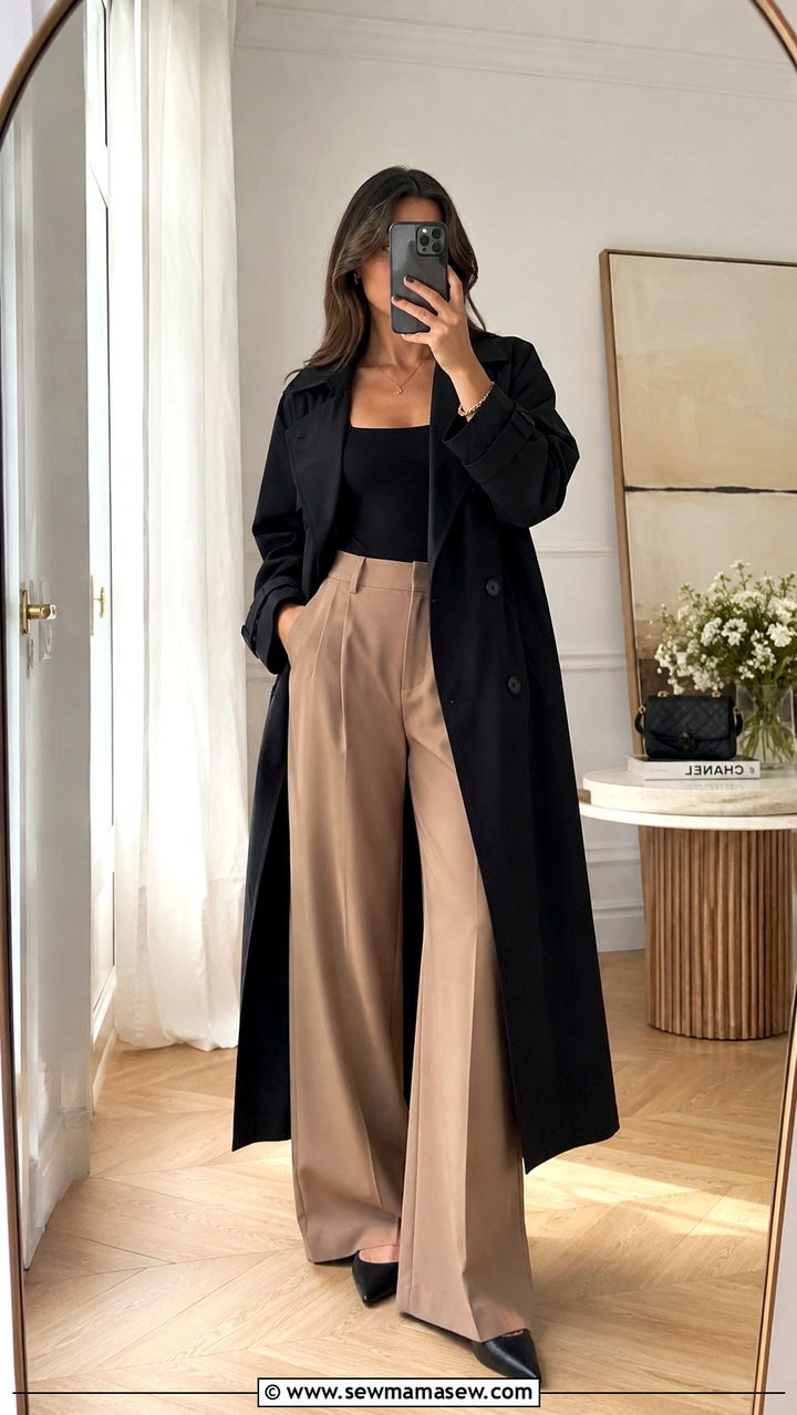 Black Trench Coat with Wide Leg Pants and Bodysuit - 25 Black trench coat outfit ideas with wide leg pants