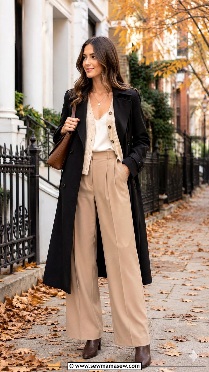 Black Trench Coat with Wide Leg Pants and Cardigan - 25 Black trench coat outfit ideas with wide leg pants
